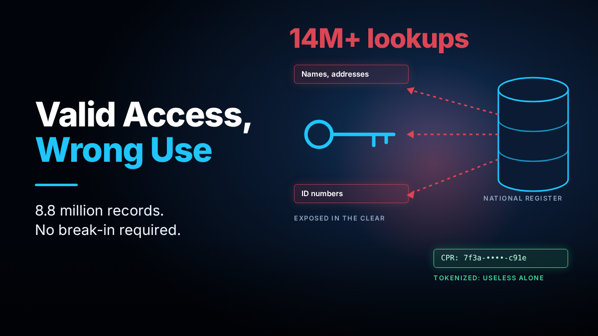 Hero image with the headline Valid Access, Wrong Use: a query funnel pulling records out of a register, with exposed ID numbers in red and a protected, tokenized version in green.